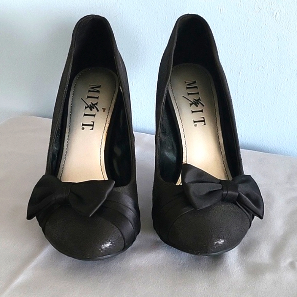 Mixit Shimmering Black Heels with Bow Detail - Picture 2 of 10